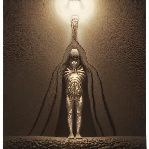 Image similar to the light by zdzisław beksiński, jeffrey smith and h.r. giger, oil on canvas, XF IQ4, f/1.4, ISO 200, 1/160s, 8K, RAW, unedited, symmetrical balance, in-frame