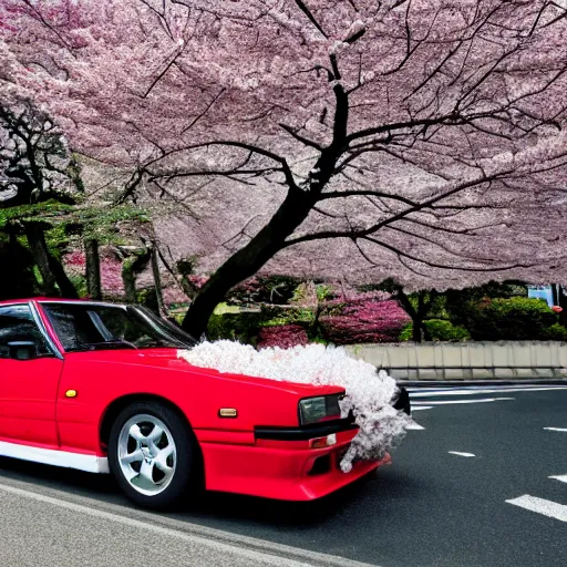 Prompt: photo of a dragon black polka dotted furred dragon driving a nissan hakosuka 2000 GTR down the cherry blossoming mt hakone