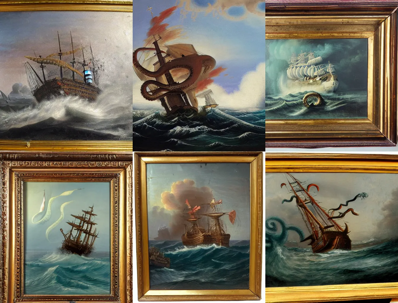 Prompt: 19th century oil painting depicting a ship being attacked by a kraken in the style of