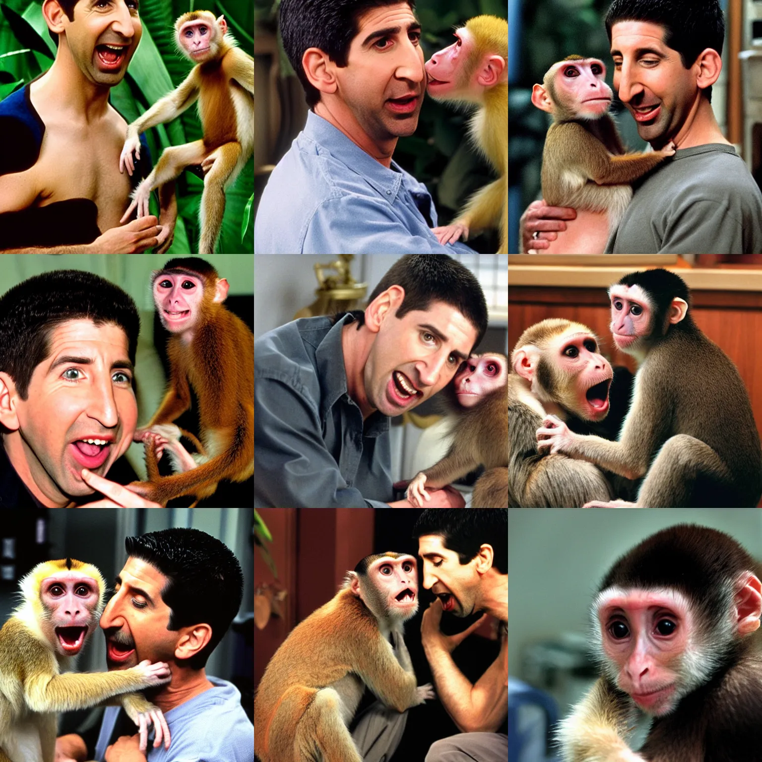 Prompt: ross geller in his apartment being bitten on the arm by a capuchin monkey, ross geller screaming,