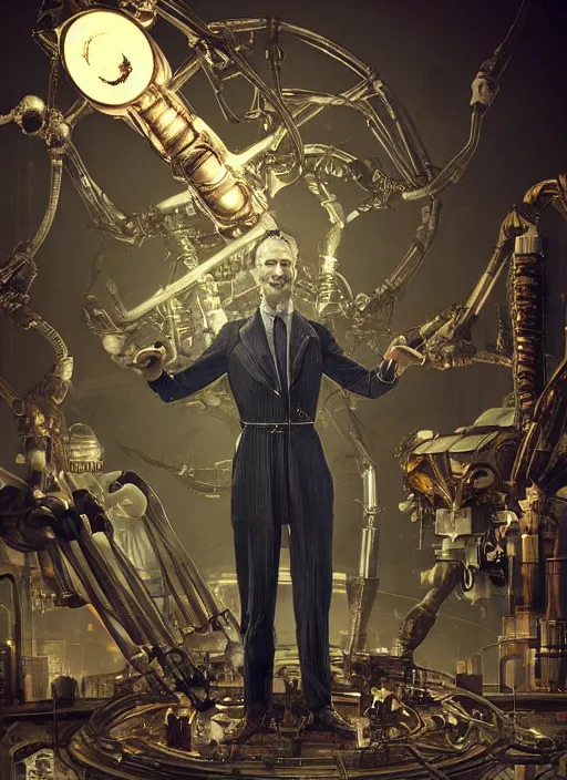 Image similar to biohazard art of nikola tesla as a mad scientist working on a giant robot from bioshock, au naturel, hyper detailed, digital art, trending in artstation, cinematic lighting, studio quality, smooth render, unreal engine 5 rendered, octane rendered, art style by klimt and nixeu and ian sprigger and wlop and krenz cushart