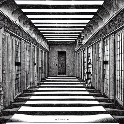 Image similar to a dark hallway with many doors and many stairs, Mc Escher architecture, epic composition, by Junji Ito