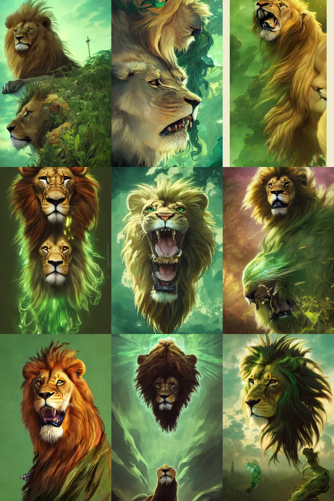 Prompt: long shot ultra realistic illustration, long shot fantasy lion head against a green back for chroma key by artgerm and greg rutkowski and alphonse mucha, medium shot, long shot, constant green background, trending on artstation