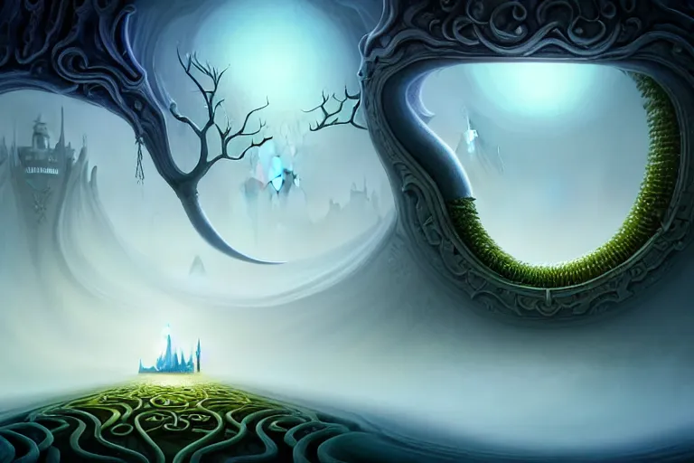 Image similar to an epic elegant mysterious beguiling masterpiece fantasy matte painting of an impossible path winding through arctic dream worlds with surreal architecture designed by heironymous bosch, structures inspired by heironymous bosch's garden of earthly delights, surreal ice interiors by cyril rolando and asher durand and natalie shau, insanely detailed, whimsical, intricate, sharp focus, elite