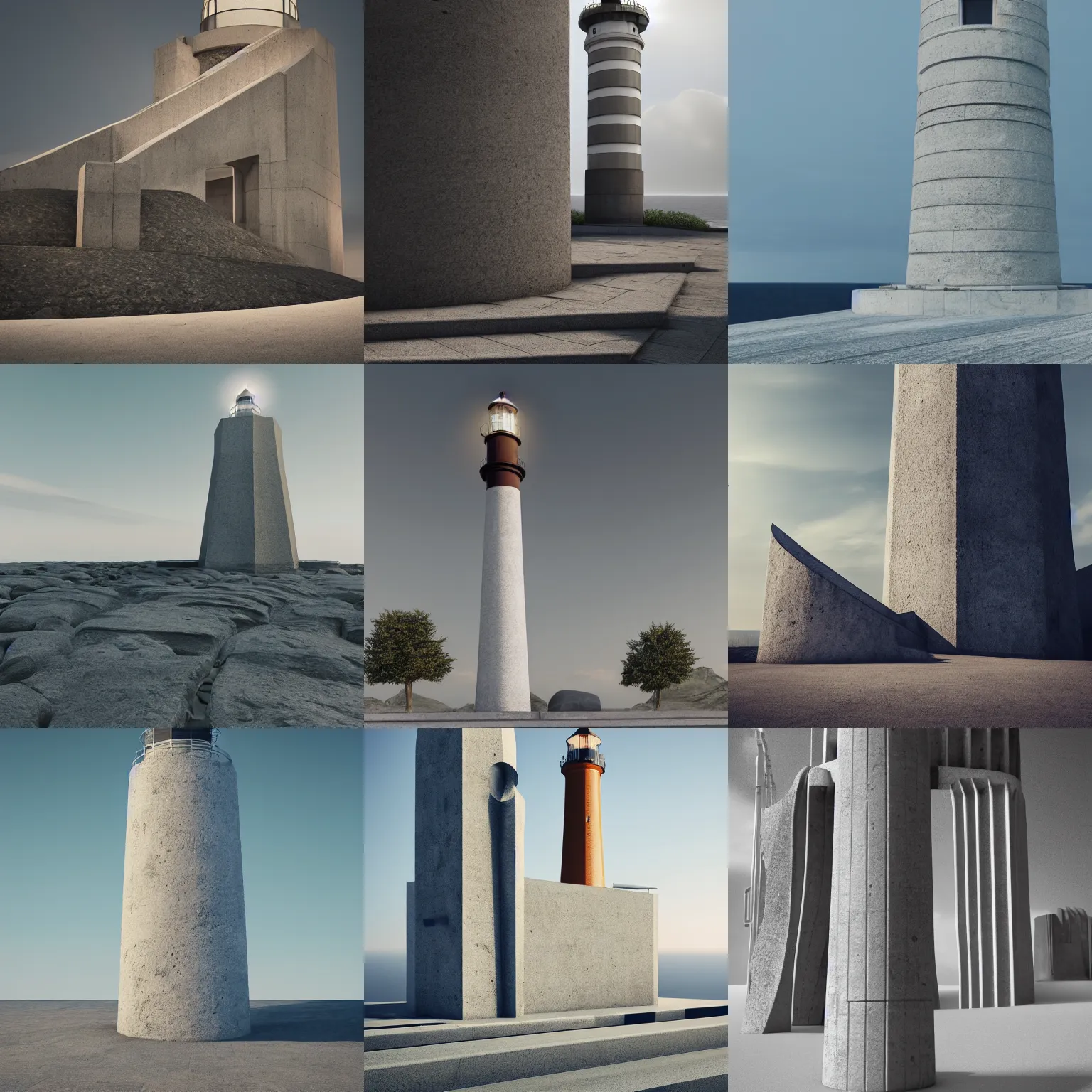 Prompt: lighthouse, made of stone and concrete, brutalism style, art deco style, full shot, full height, ultra HD 8K octane render