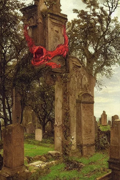 Prompt: a giant red skull in a magnificent crown fly along a cemetery along a path near a church in Manchester england, overgrown, weeds and ivy on the graves, an old twisted tree, a high stone wall, lawrence alma-tadema