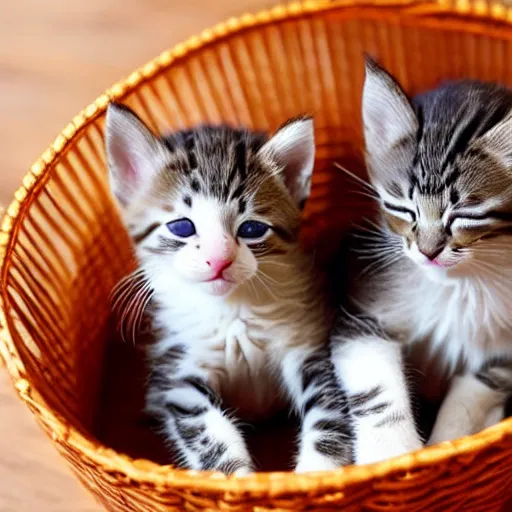 Image similar to two kittens sleeping in a basket, happy, cute