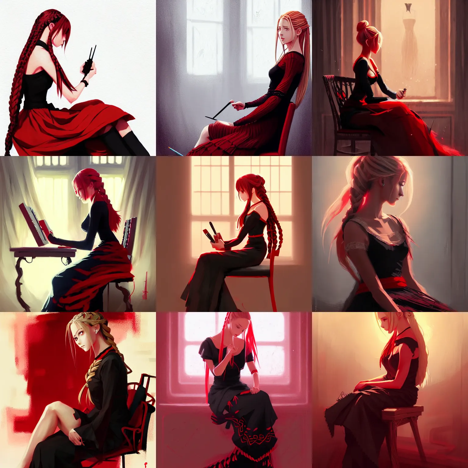 Prompt: beautiful woman with braided blonde hair, wearing an elegant dress, sitting in a chair, painting, red and black color palette, in the style of greg rutkowski, high quality anime artstyle, intricate