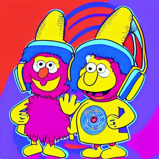 Image similar to svg sticker of a Pop-Wonder Bert&Ernie, Sesame-Street, at a rave, spinning records, giant headphones rocking out, wearing headphones, huge speakers, dancing, rave, DJ, spinning records, digital art, amazing composition, rule-of-thirds, award-winning, trending on artstation, featured on deviantart