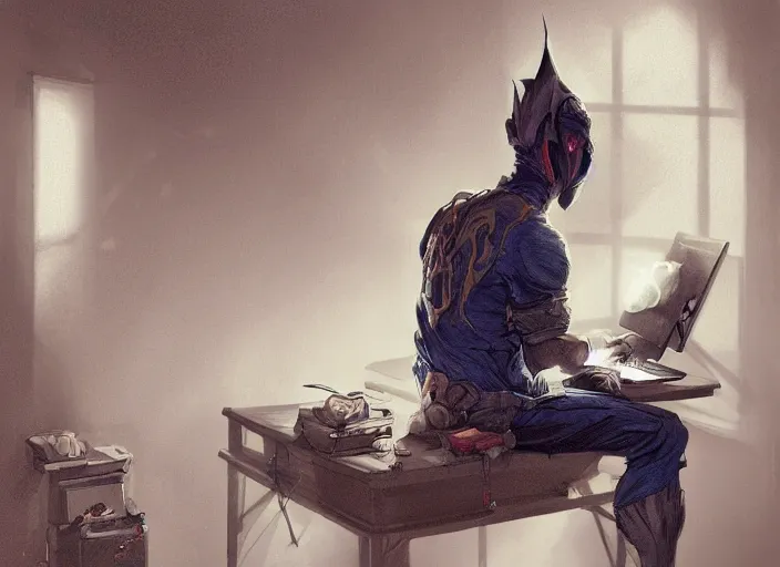 Image similar to an insanely detailed painting of an asian man wearing a homemade superhero costume, sitting at a desk, staring seriously at the computer and typing, in the style of peter mohrbacher, james jean, artgerm, dramatic lighting and composition, surreal background, octane render, pixar, trending on artstation, concept art, comic book, view from behind, 8 k