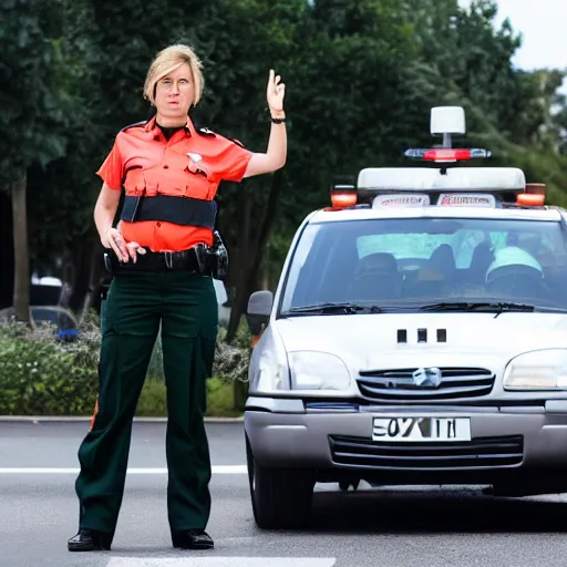 Prompt: traffic policewoman telling you to stop