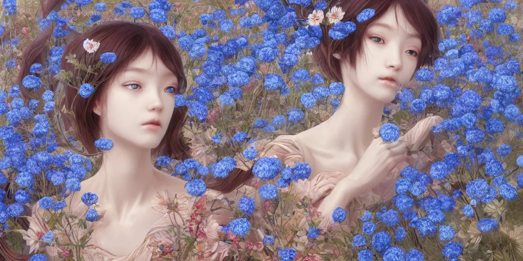 Image similar to breathtaking detailed concept art painting of the goddess of nemophila flowers, orthodox saint, with anxious, piercing eyes, ornate background, amalgamation of leaves and flowers, by Hsiao-Ron Cheng, James jean, Miho Hirano, Hayao Miyazaki, extremely moody lighting, 8K