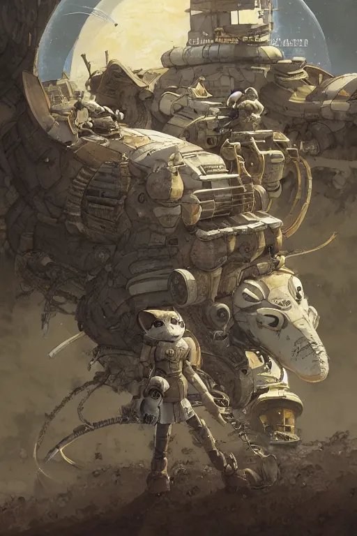 Image similar to anthropomorphic rodent with white and black ancestral ornate japanese tactical gear on an abandonment desert planet, high intricate details, long shot, rule of thirds, golden ratio, graphic novel by fiona staples and dustin nguyen, by beaststars and orange, peter elson, alan bean, studio ghibli, makoto shinkai