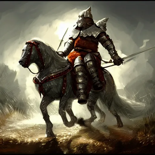 Prompt: fat dog in chainmail armour riding a horse, dnd concept art 4 k