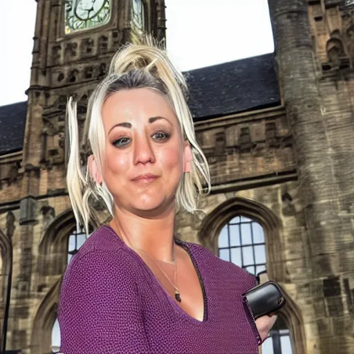 Image similar to A detailed photo of Kaley Cuoco under the Eastgate clock in Chester. Behind her we see a black panther