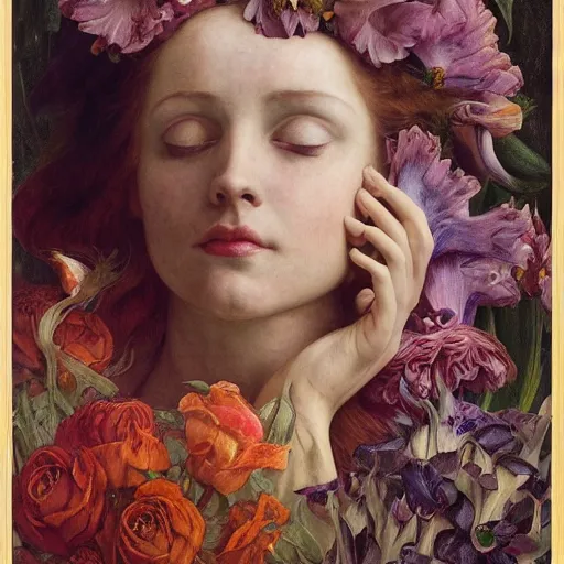 Image similar to queen of flowers, by annie swynnerton and charlie bowater and tino rodriguez and nicholas roerich and jean delville and evelyn de morgan and lucien freud, dramatic lighting, floral tattoos, rich colors, smooth sharp focus, extremely detailed, donato giancola, adolf wolfli