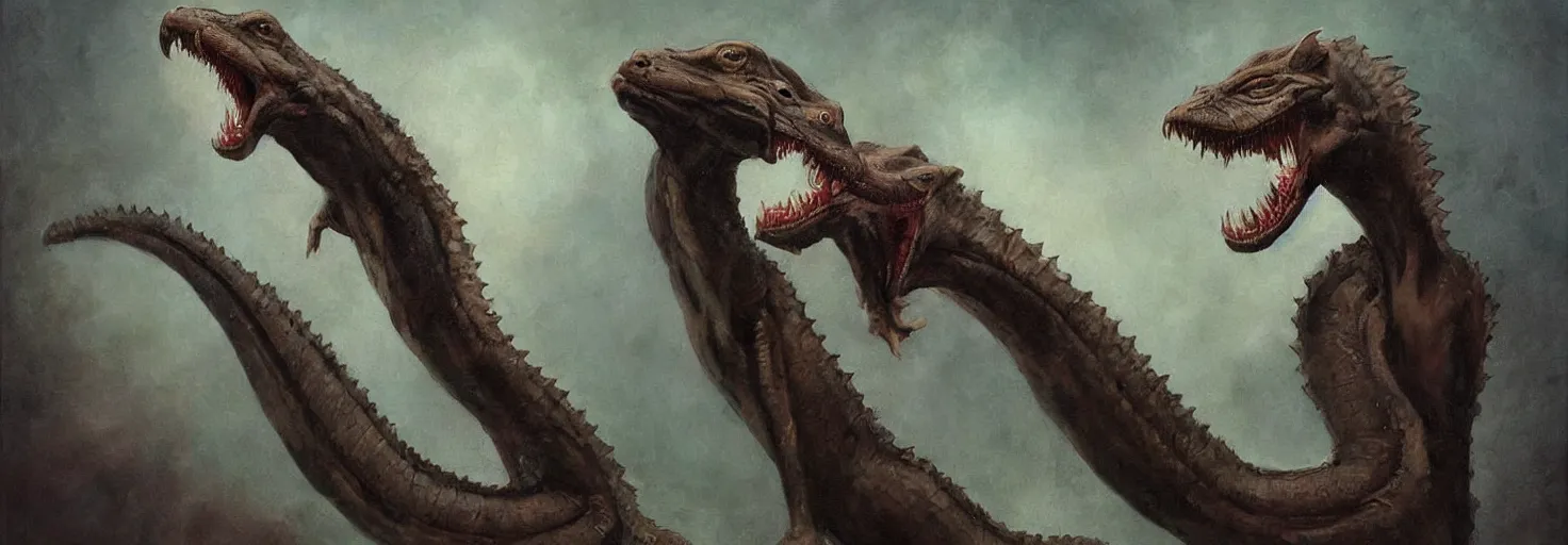 Prompt: full bodyshot!! symmetry!! a cross between a komodo dragon and a ferret, with a vipers head!! multiple rows of teeth in mouth, sleek dark fur!! dark fantasy, oil painting, in the style of frank frazetta, in the style of boris vallejo, top teir artstation, deviantart, pinterest