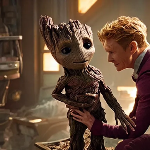 Image similar to newt scamander taking care of baby groot from guardians of the galaxy