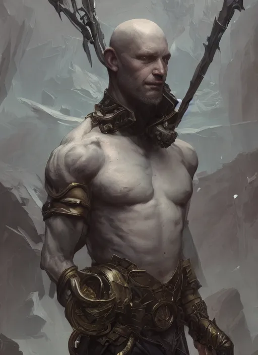 Image similar to fantasy bald male rogue, half body lit, front game card, marvel comics, dark, intricate, highly detailed, smooth, artstation, digital illustration by ruan jia and mandy jurgens and artgerm and wayne barlowe and greg rutkowski and zdislav beksinski