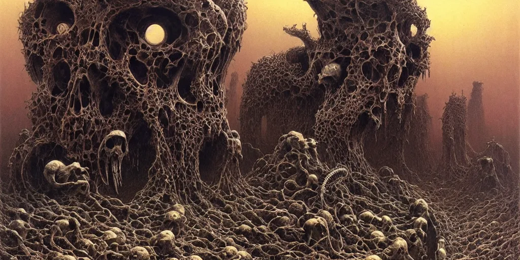 Image similar to wasteland of morphed mammal skulls, Zdzislaw Beksinski, Wayne Barlowe, Joe Fenton, gothic, cosmic horror, dystopian, biomorphic, lovecraftian, amazing details, cold hue's