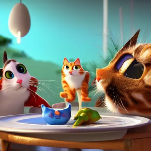 Prompt: pixar cgi cats having a nice dinner