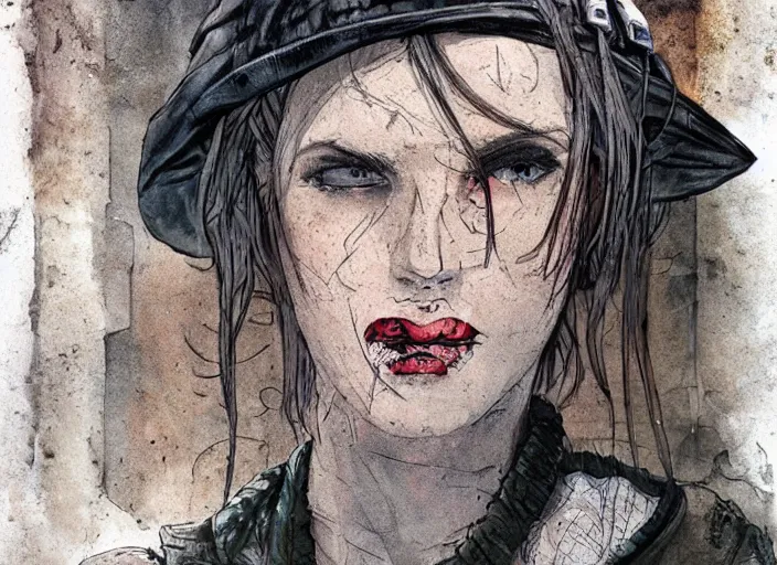 Prompt: rugged, beautiful pale woman by enki bilal,, punk outfit : : urban setting, close - up view : : cinematic headshot