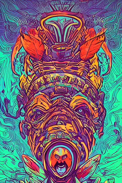 Image similar to totem animal mask tribal feather gemstone plant wood rock shaman vodoo video game vector illustration vivid multicolor borderlands comics by josan gonzales and dan mumford radiating a glowing aura