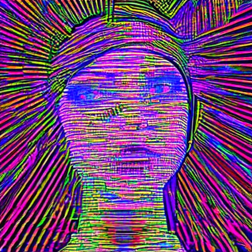 Prompt: video processing vhs glitch art in the silhouette of a woman, ethereal glow, line - art,