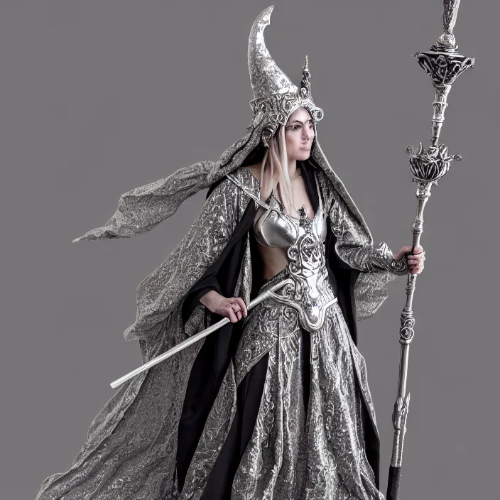 Prompt: photograph of a real-life beautiful lunar witch with ornate silver robes and staff. Extremely detailed. 8k