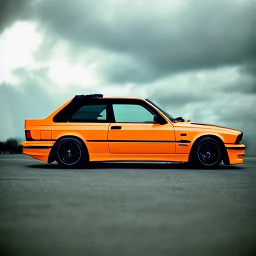 Prompt: orange bmw e 3 0 m 3, floating in outer space