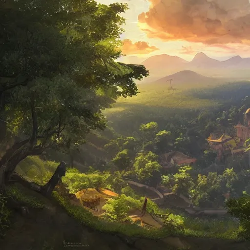 Prompt: panorama of a valley filled with a forest and a village, medieval, fantasy, oil painting, by makoto shinkai