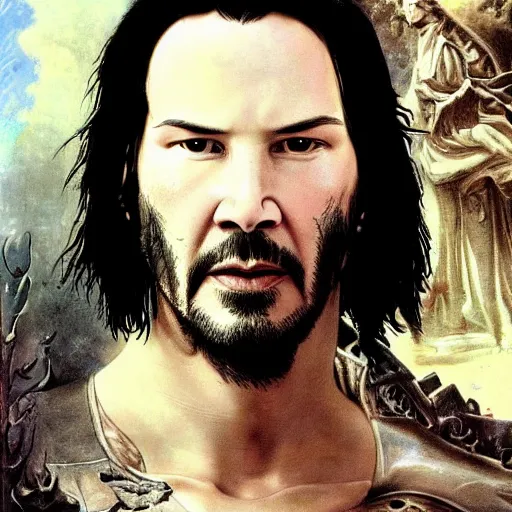 Prompt: realistic detailed image of a Keanu Reeves by Katsuya Terada and Albert Bierstadt , gothic and dark, masterpiece