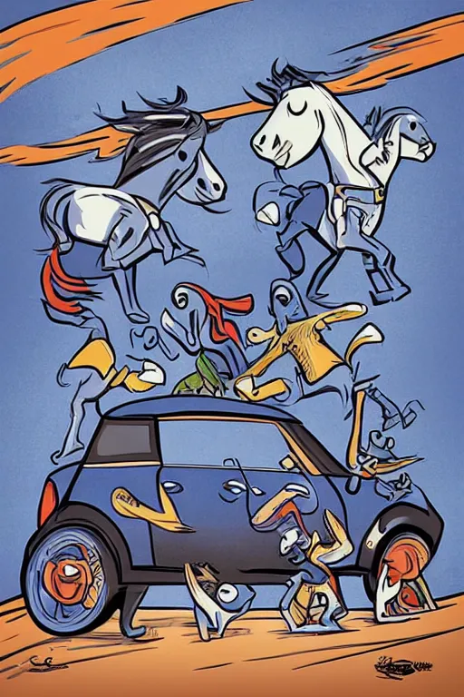 Image similar to “Poster of Blue Mini Cooper Countryman Hybrid and Viking horsemen in a battle. Retro cartoon caricature.”