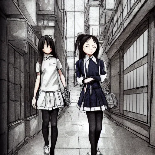 Prompt: a perfect, realistic professional digital sketch of a Japanese schoolgirls posing in a sci-fi alleyway, style of Marvel, full length, by pen and watercolor, by a professional American senior artist on ArtStation, a high-quality hollywood-style sketch, on high-quality paper