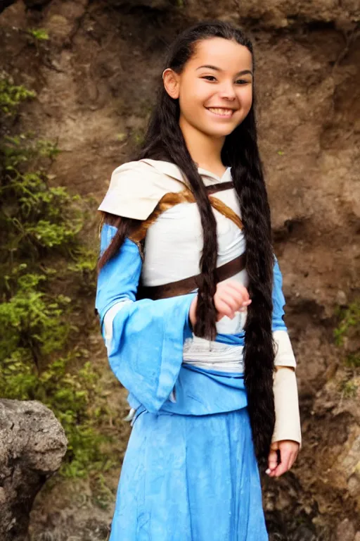 Prompt: full-length photo of real life Katara from Avatar, smiling, looking at camera