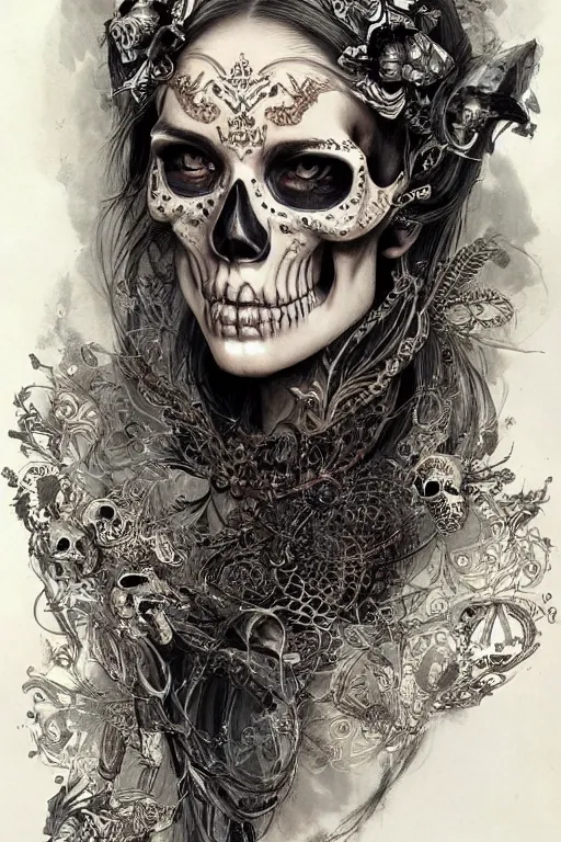 Prompt: beautiful skull cyborg portrait of a femme fatale girl with detailed patterns of thai traditional dress, highly detailed concept art by alan lee