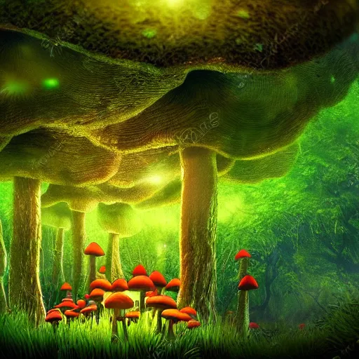 Image similar to mushroom forest, realistic, detailed, epic angle, bloody river, ambient green light,