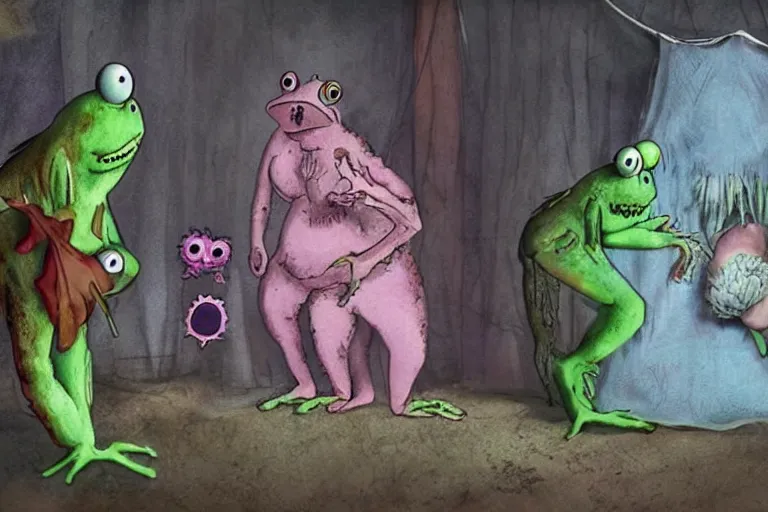 Prompt: a full color still frame from a freaky kids tv show about a gross hairy frog and a sad dumb ghost, tickle fight in the death tent, horror vibe, grunge, despair