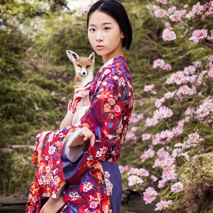 Image similar to portrait photograph of an extremely beautiful!!!! young Asian female , symmetric face!, symmetric round detailed eyes!!, slight smile, natural light, wearing a flower kimono!! with a very detailed fox!! behind her shoulder in front of a hot spring. looking at the camera!!. super resolution. Extremely detailed. Graflex camera!, bokeh!!!!! trending on artstation.