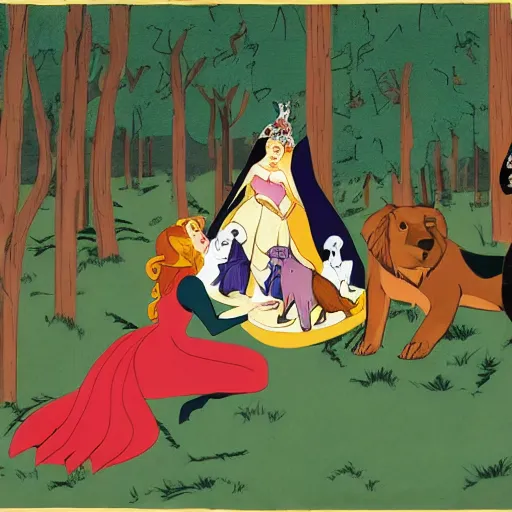 Prompt: A beautiful computer art of Princess Aurora singing in the woods while surrounded by animals. She looks so peaceful and content in the company of the animals, and the colors are simply gorgeous. cutaway by Jacob Lawrence flowing, random