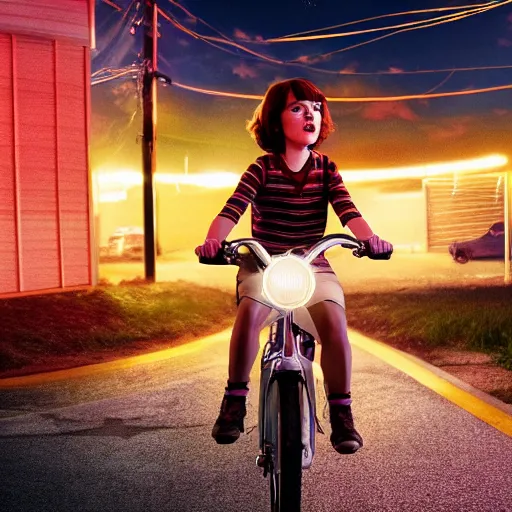 Image similar to wendy thomas as ( maxine mayfield ) from stranger things riding her bike in the middle of the street, the bike's flashlight illuminating the ground, the clear sky, realistic, extremely high details, photorealistic, 2 0 2 2 s, soft lighting, 4 k, human photo