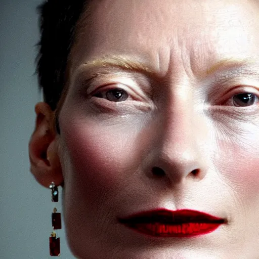 Prompt: close up portrait of tilda swinton wearing a red blazer and ruby earrings, vivid eyes, photorealistic