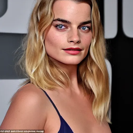 Image similar to a woman who is a genetic combination of margot robbie and emma watson face and upper - body focus