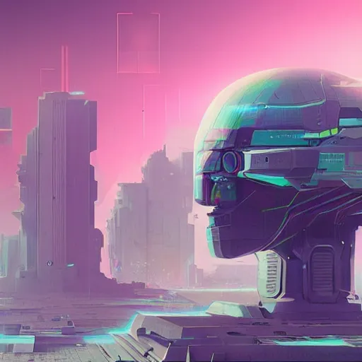 Image similar to giant robot head shooting lasers from his eyes, destroyed city, futuristic, by beeple, digital art