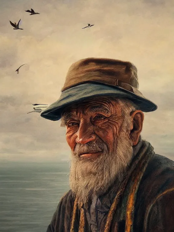 Image similar to realistic renderings portrait of very old fisher man portrait with a hat, wearing a fisher 🧥, coloured wears, ( ( ( ( ( a bird in the sky ) ) ) ) ) port scene background, astonishing scenes, detailed, photorealism, volumetric lighting, autumn lights colors, ultra detailed