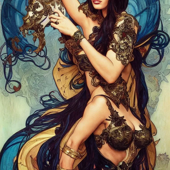 Prompt: megan fox wearing venetian carnival masks by artgerm, greg rutkowski, alphonse mucha