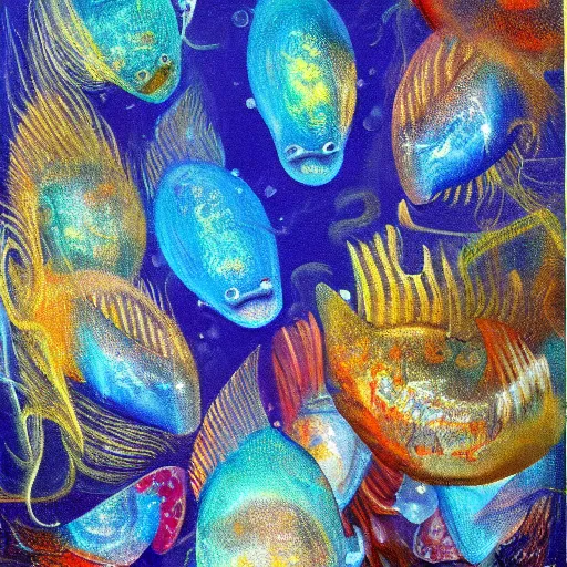 Prompt: weird fishes at the bottom of the earth, surrealist painting, oil on canvas, layered texture, shimmering, translucent,