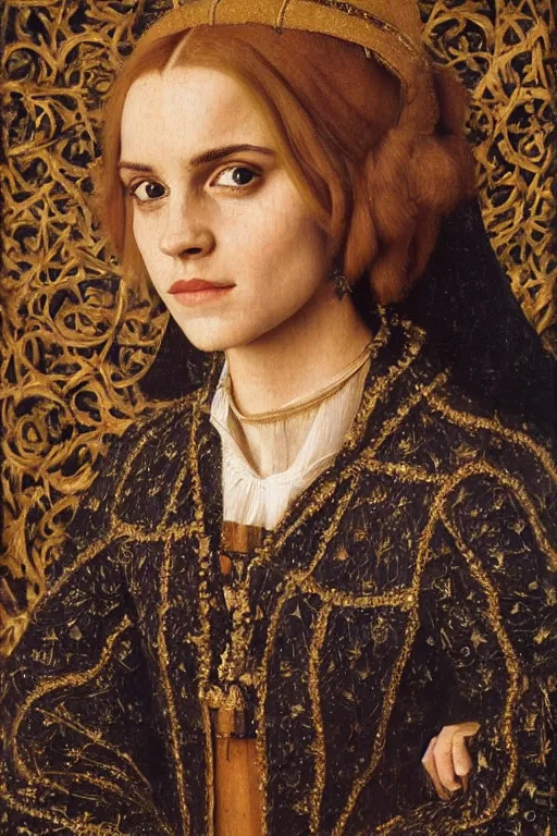 Image similar to portrait of emma watson, oil painting by jan van eyck, northern renaissance art, old masters, alla prima, realistic, expressive emotions, intricate textures, illusionistic detail