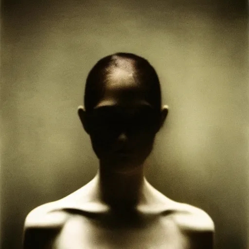 Image similar to a photo portrait of a mysterious eerie shimmering woman in an uncertain world, overtaken by sadness, cinematic, by paolo roversi,