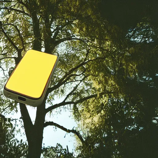 Prompt: A phone glowing and floating in a tree, 35mm photograph